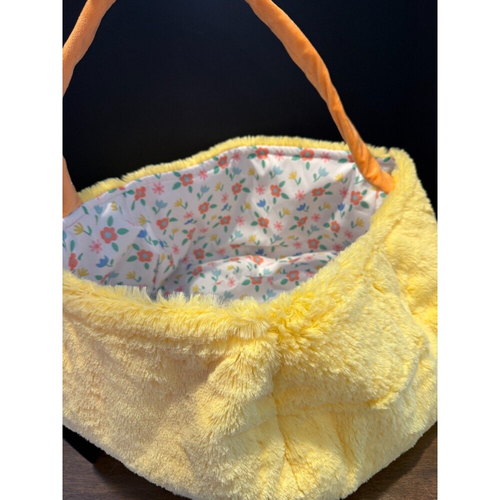 Jumbo Plush Yellow Chick Easter Basket Floral Lining Orange Handle Soft Fuzzy - Picture 8 of 9